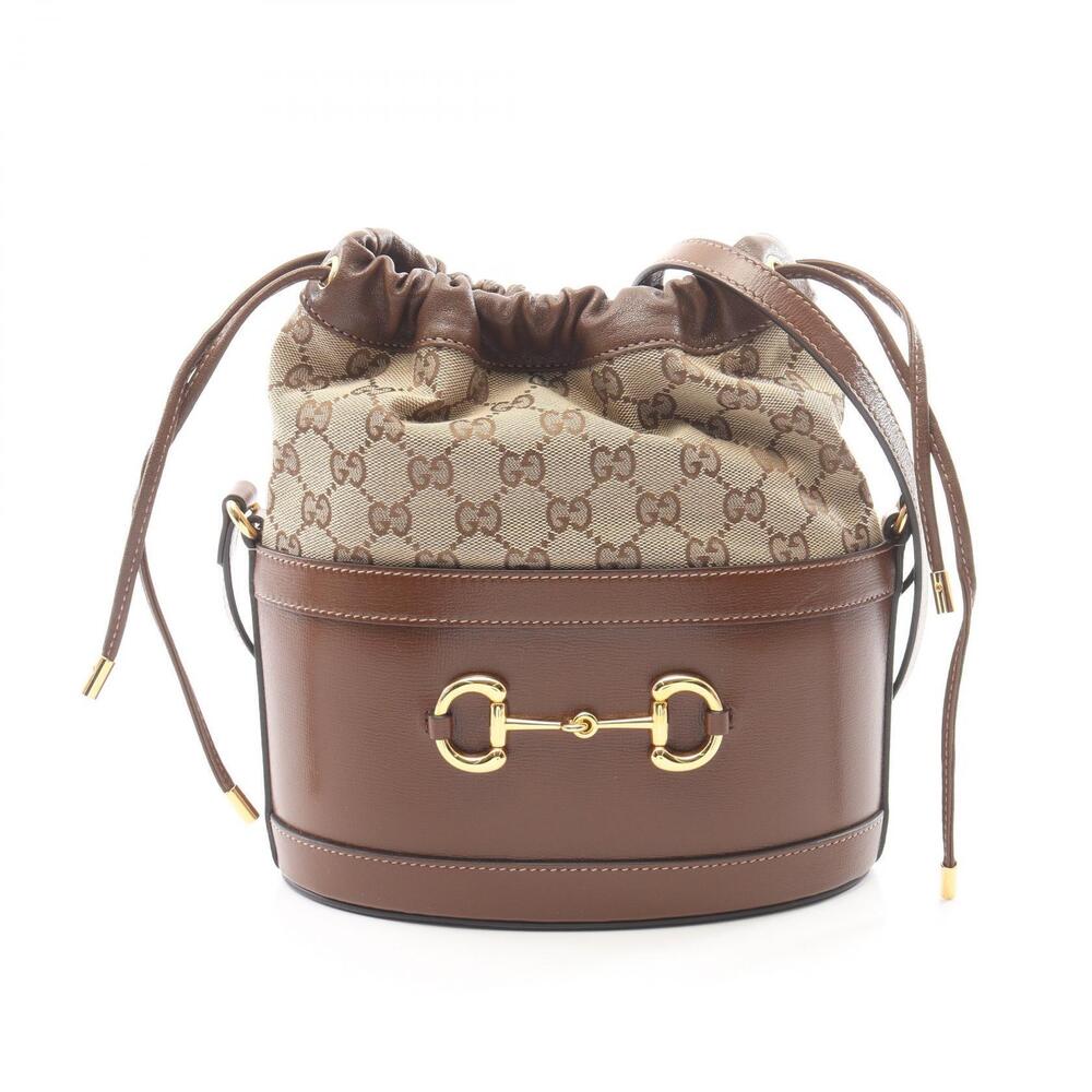 Gucci Horsebit Bucket Bag Canvas Leather Shoulder Bag Beige Brown